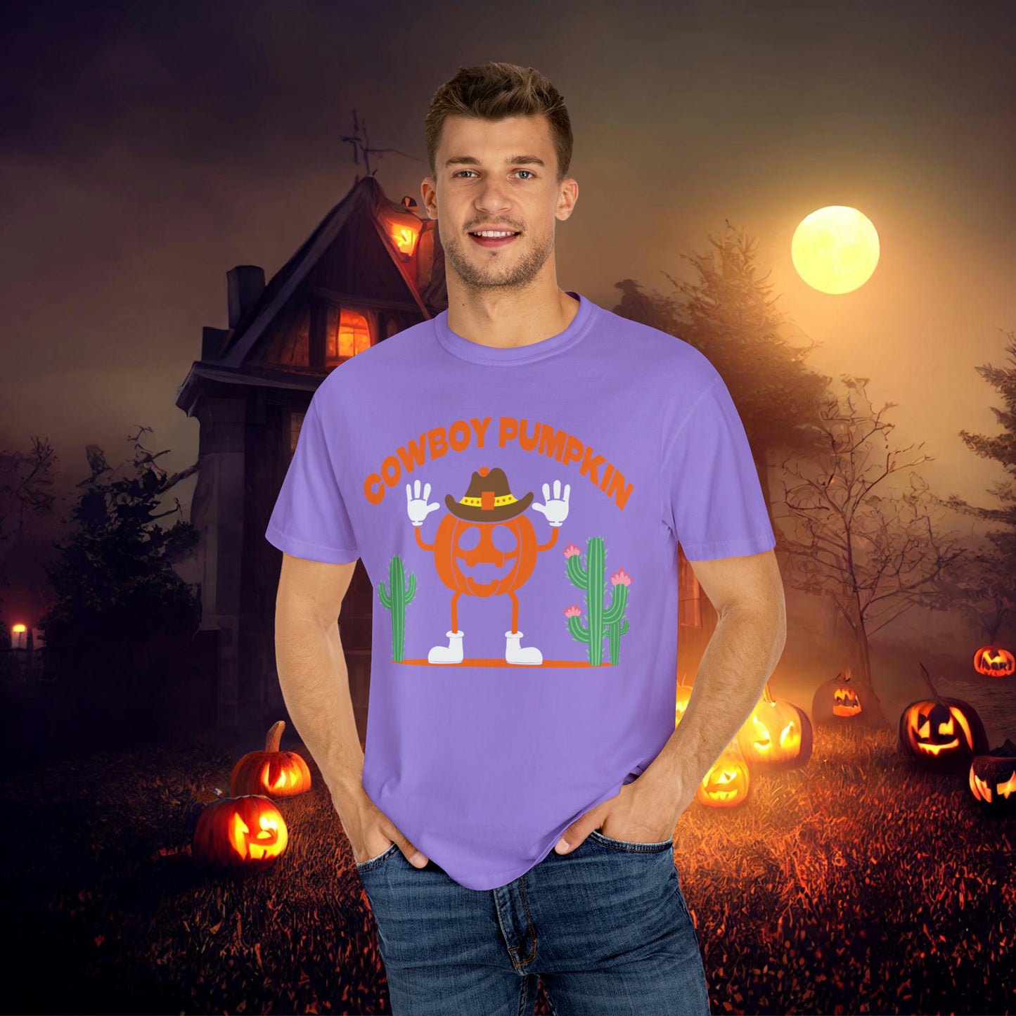 Cowboy Pumpkin Retro Groovy Halloween Unisex Garment-Dyed T-shirt Gifts for Him Gifts for Her