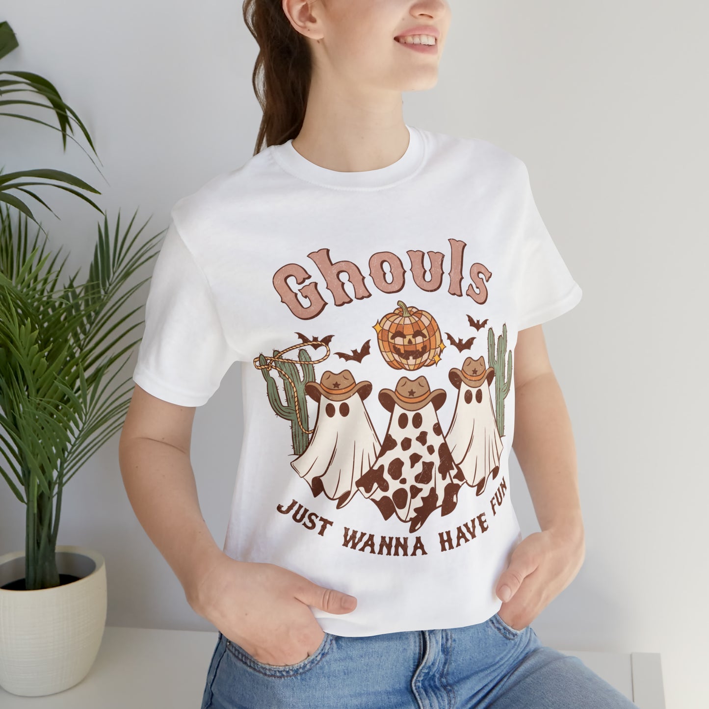 Ghouls Just wanna have fun Cowgirl Ghosts Retro Halloween Unisex Jersey Short Sleeve Tee Gifts for her