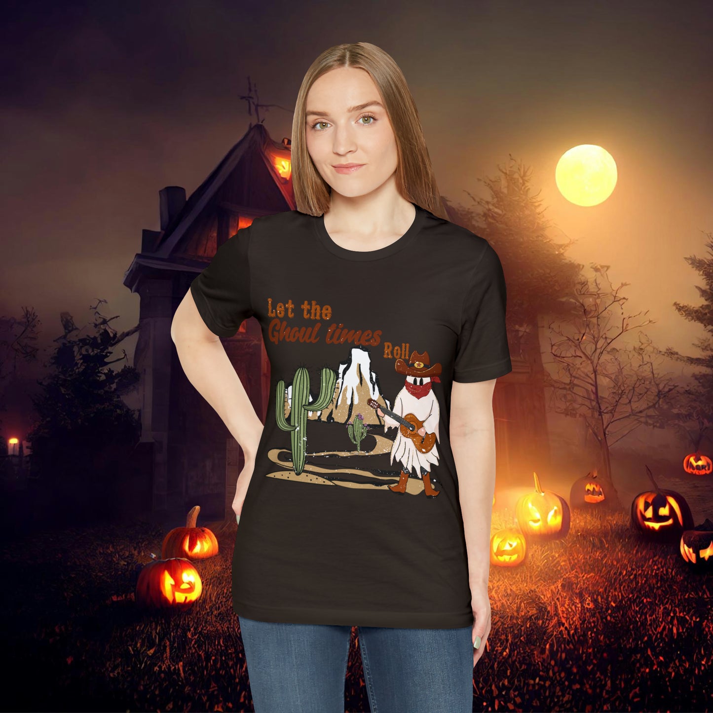 Cowboy Ghost playing the Guitar singing Let the Ghoul times roll Halloween Unisex Jersey Short Sleeve Tee Gifts for him Gifts for Her