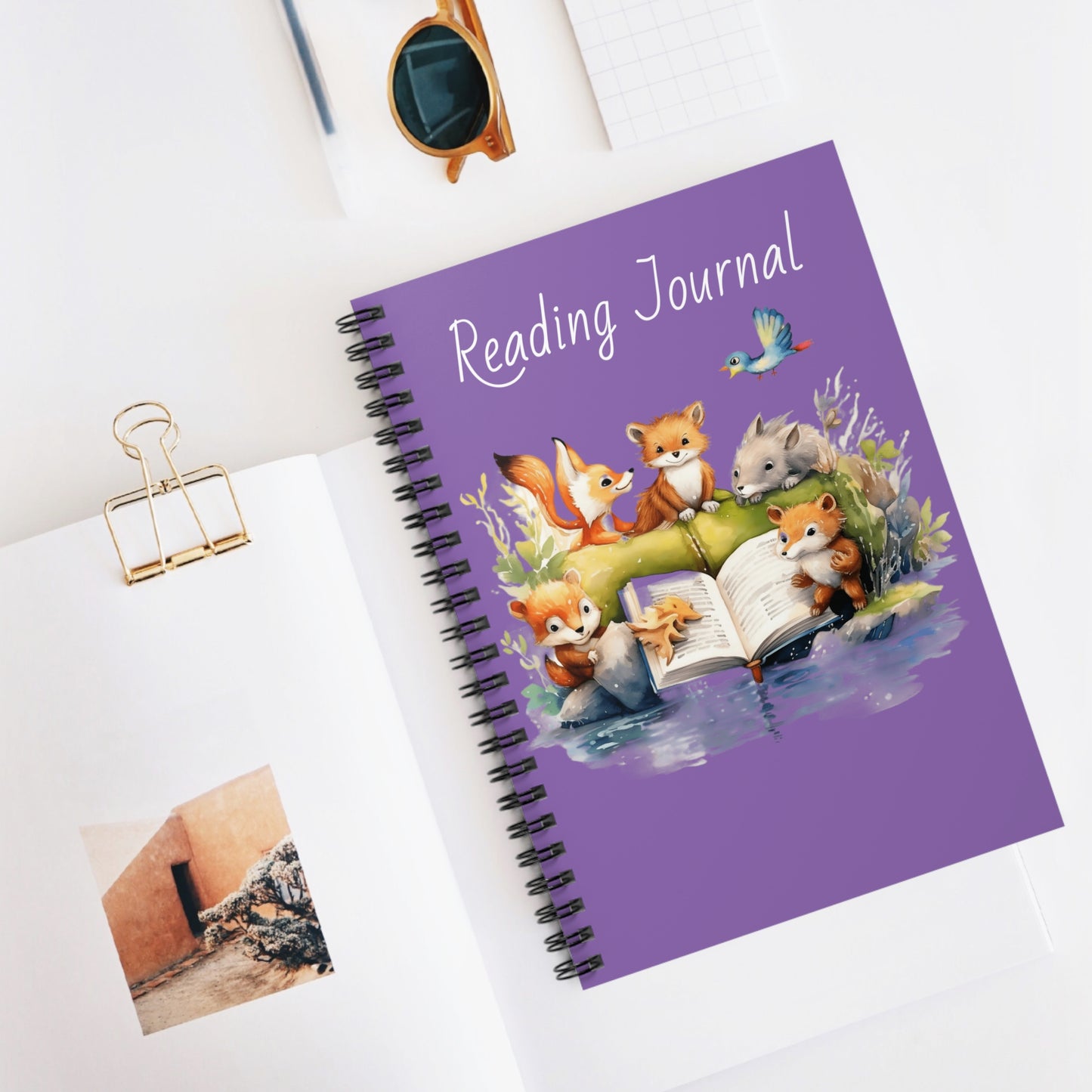 Woodland Creatures in the Forest Reading a book Spiral Notebook - Ruled Line Reading Journal, Gifts for Readers Gifts for Students