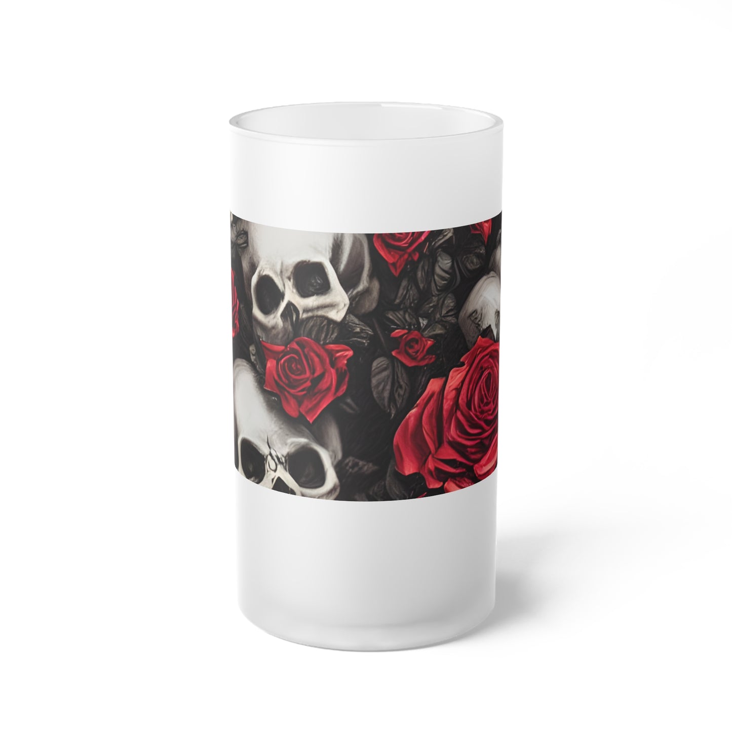 Hyper Realistic Skulls and Red Roses by artist Anne-Laure Goupil Frosted Glass Beer Mug