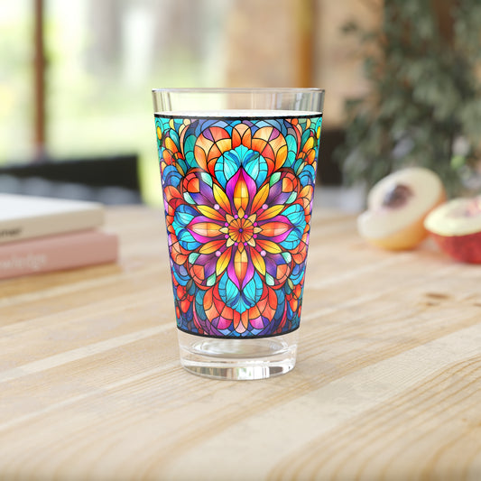 Blooming Beauty: A Rainbow-Colored Flower Stained Glass Masterpiece 16oz Pint Glass Gift idea gifts for home decor housewarming gift