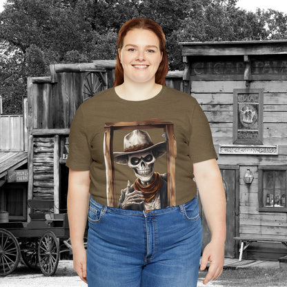 Spooky Saloon Showdown Gunslinging Skeleton Cowboy Halloween Unisex Jersey Short Sleeve Tee