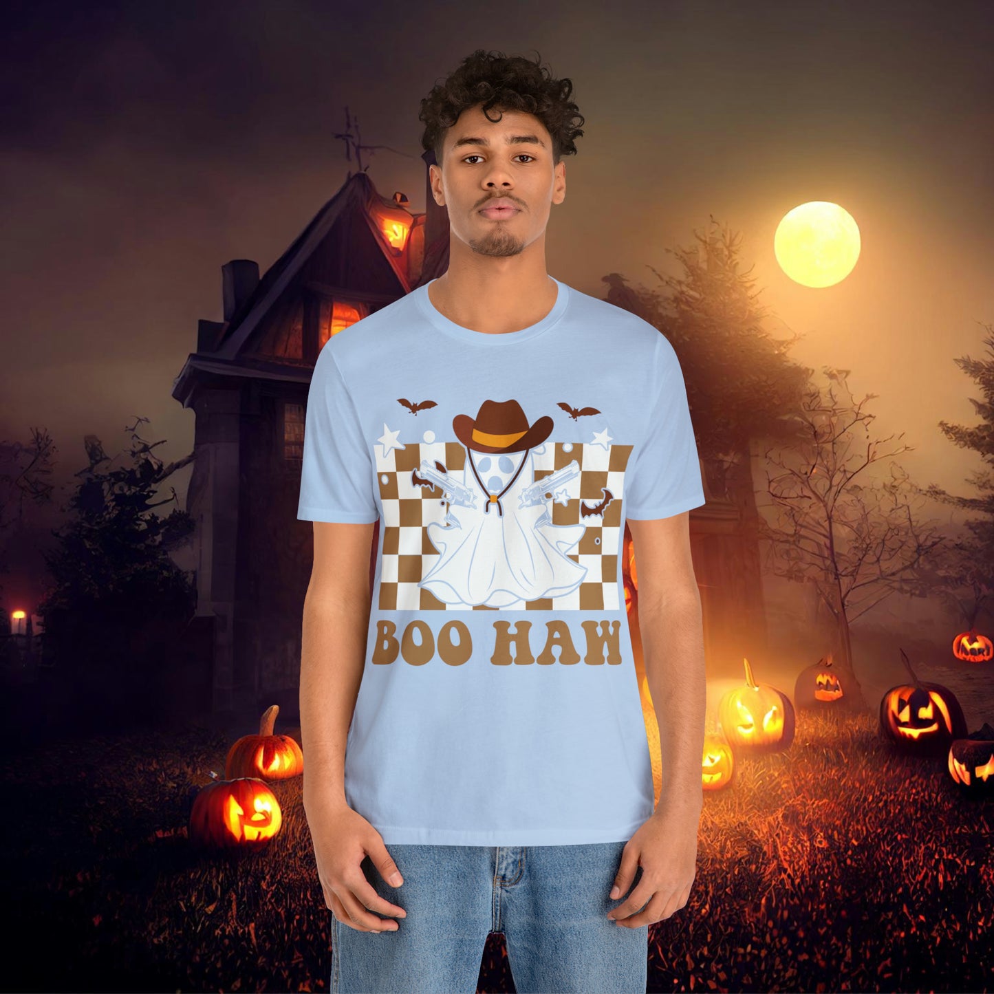 Cowboy Gunslinging Ghost saying Boo Haw Retro Western Halloween Unisex Jersey Short Sleeve Tee Gifts for Him Gifts for Her