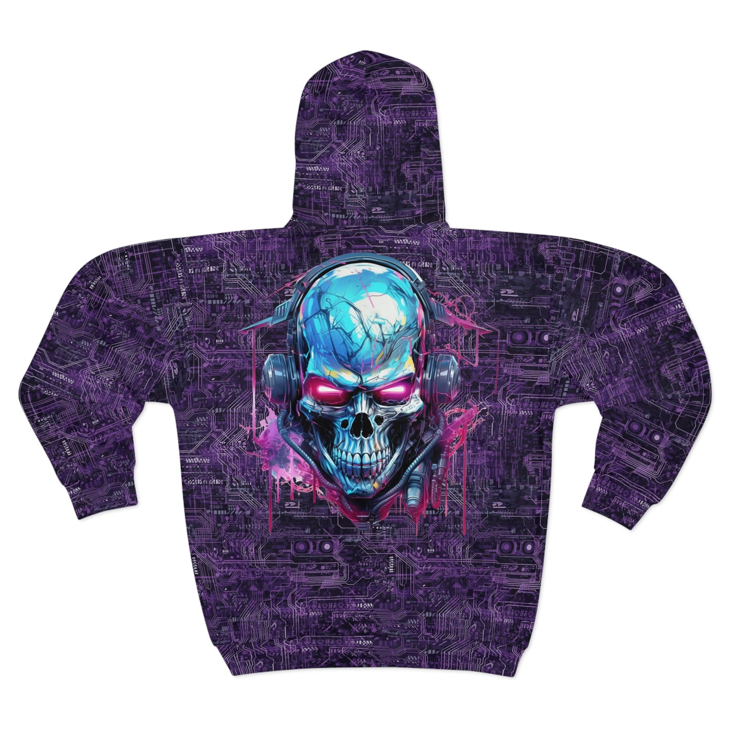 CyberPunk Cybernetic Skull breaking through a Purple Neon Circuit Board Unisex Zip Hoodie (AOP)