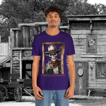 Spooky Saloon Showdown Gunslinging Skeleton Cowboy Halloween Unisex Jersey Short Sleeve Tee