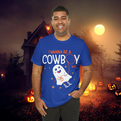 Little Ghost Saying I wanna be a cowboy baby Retro Groovy Western Halloween Unisex Jersey Short Sleeve Tee Gifts for Him Gifts for her.