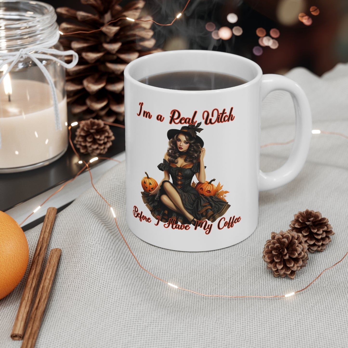 Vintage Pinup Witch: Sip Your Spells in Style "I'm a real Witch before I have my coffee" Halloween Ceramic 11oz Mug Gifts for her