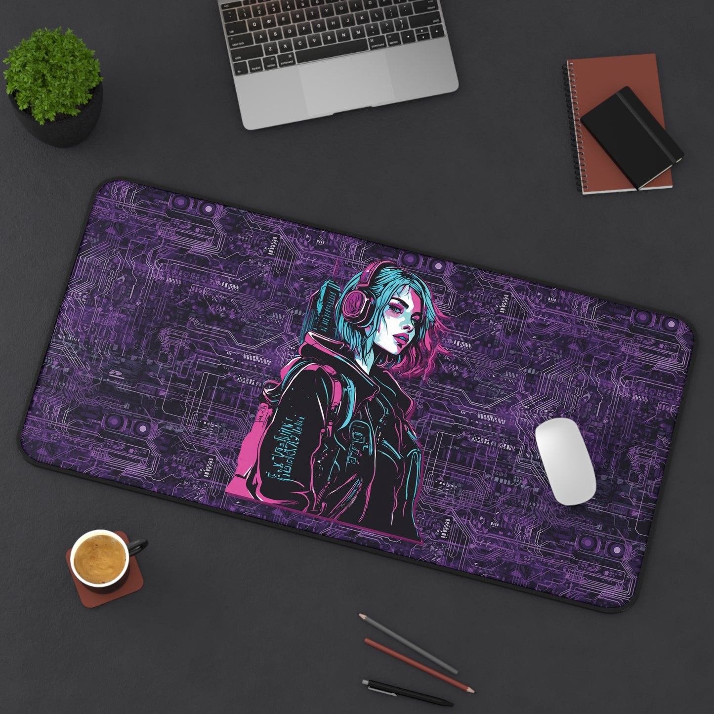 Desk Mat - Neon Futuristic Lights Cyberpunk Girl