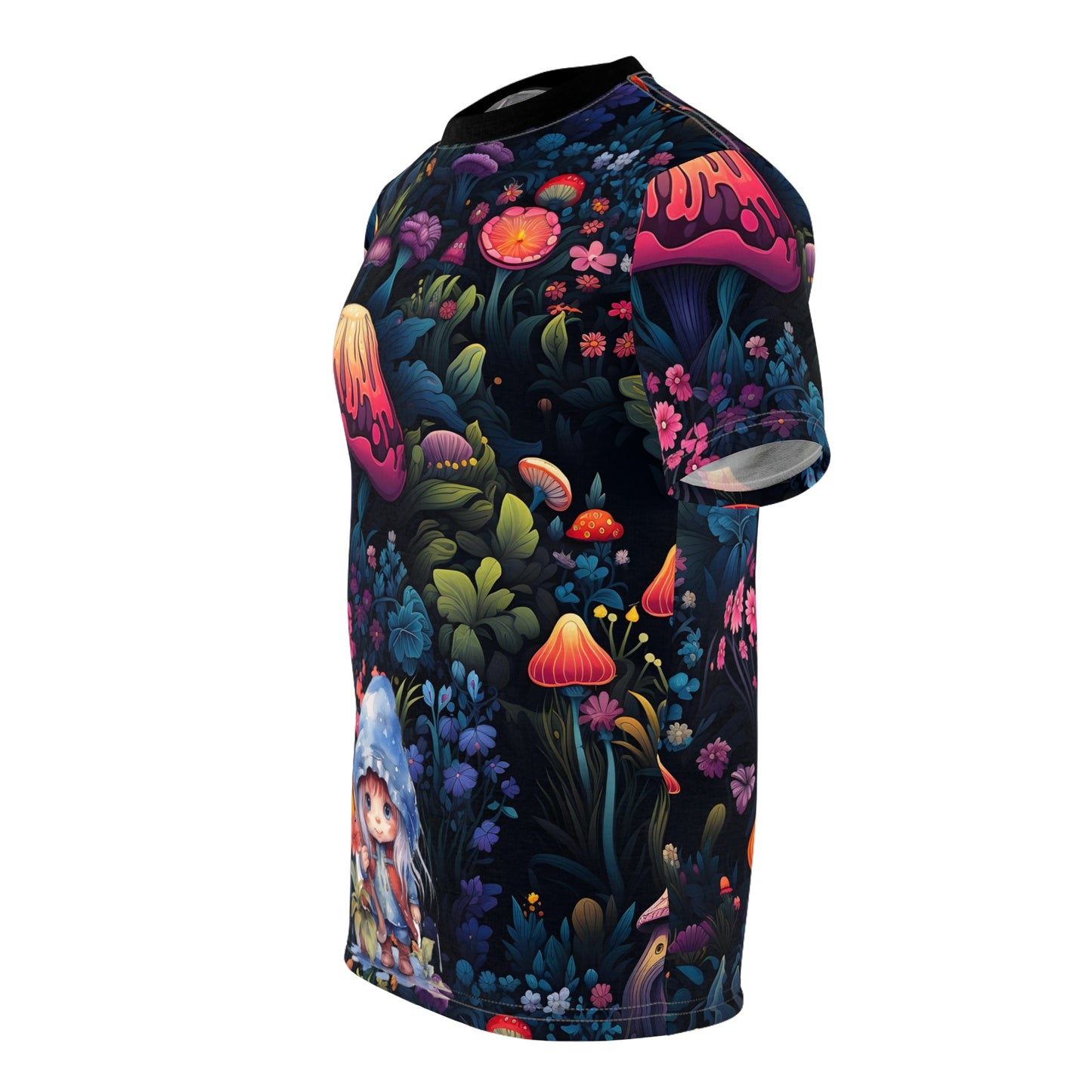 Magical Fairy Forest with Colorful Mushrooms and a little Gnome Girl Unisex Cut & Sew Tee (AOP)