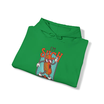 "DirkyThreadz Hot Dog Coolness Hoodie - Quirky Cartoon Design in Bold Blue"