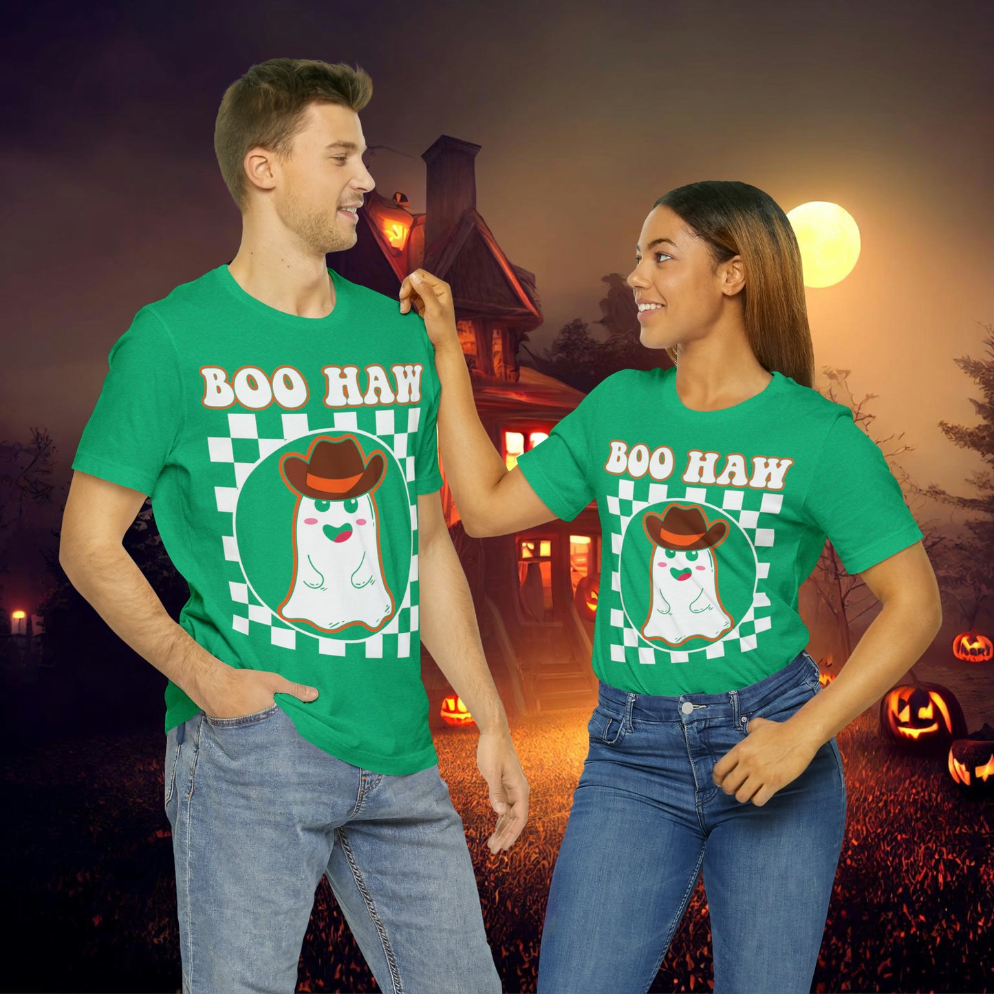 Cute Cowboy Ghost Saying Boo Haw Retro Groovy Western Halloween Unisex Jersey Short Sleeve Tee Gifts for Him Gifts For Her