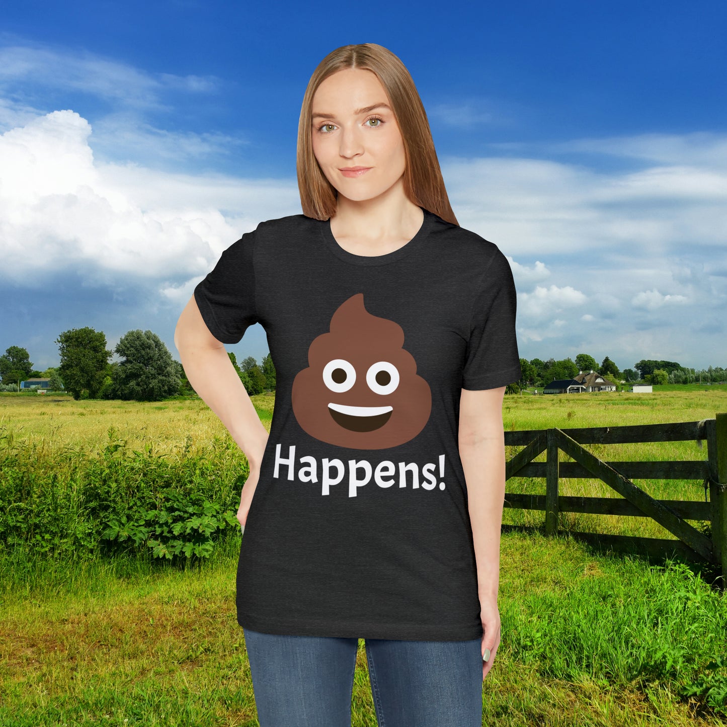 Embrace the Inevitable: 'Happens' Poop Emoji Unisex Jersey T-Shirt