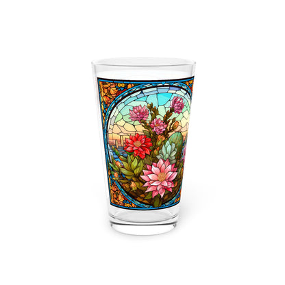 Desert Bloom: A Stained Glass Tribute to Cacti 16oz Pint Glass Gift idea gifts for home decor housewarming gift