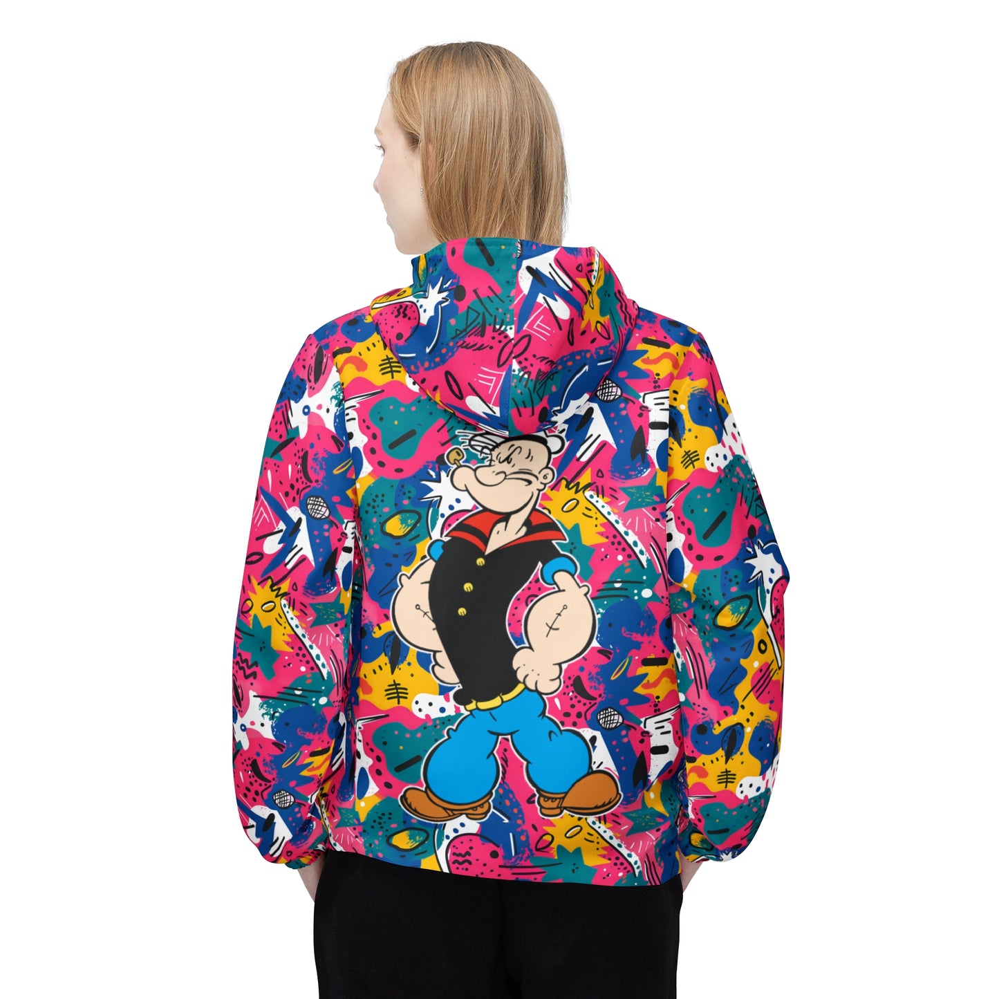 Abstract Pop Windbreaker Jacket (AOP) Featuring on the Back everyone favorite sailor Popeye