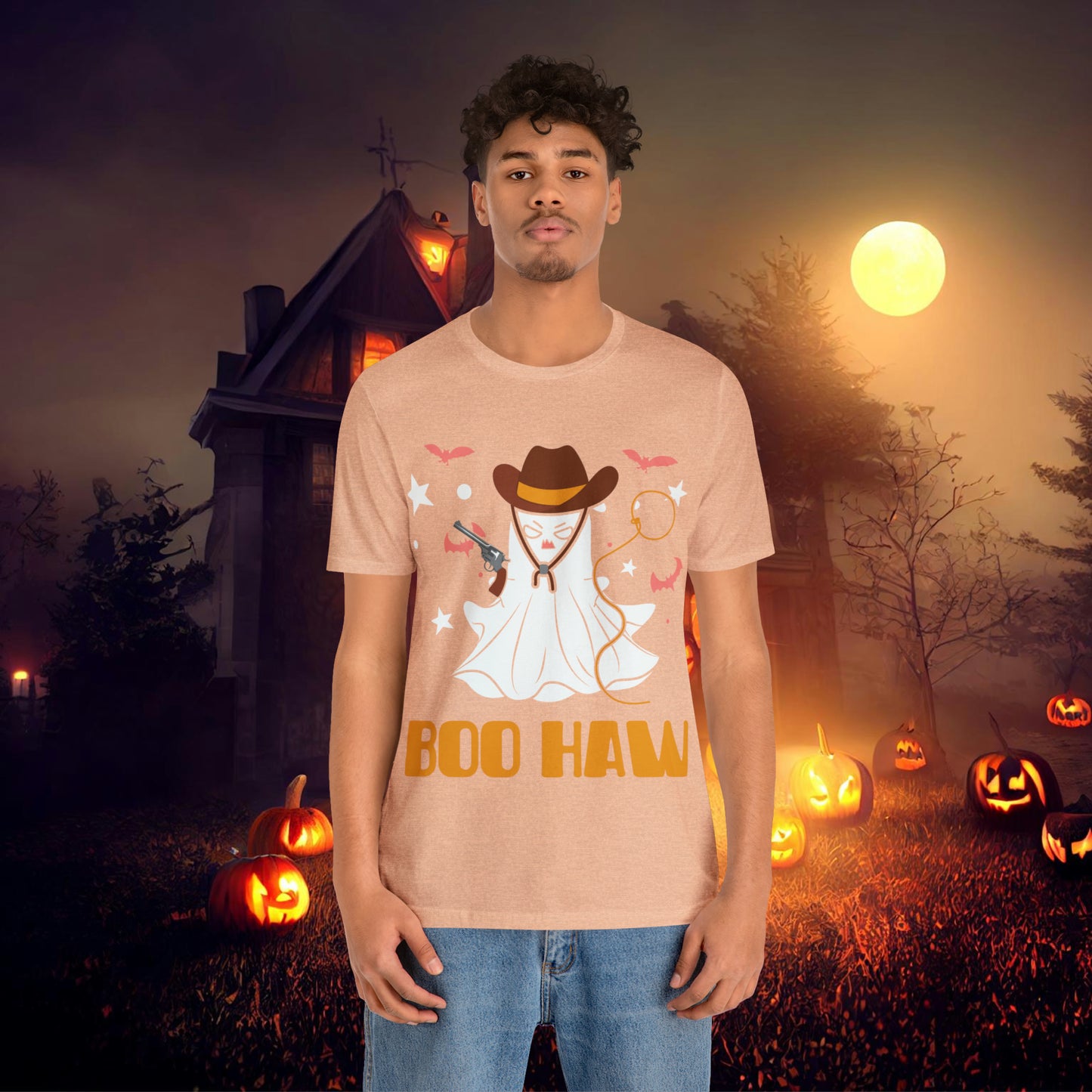 Ghost Cowboy Gunslinger saying Boo Haw Retro Western Halloween Unisex Jersey Short Sleeve Tee Gifts for Her Gifts for Him