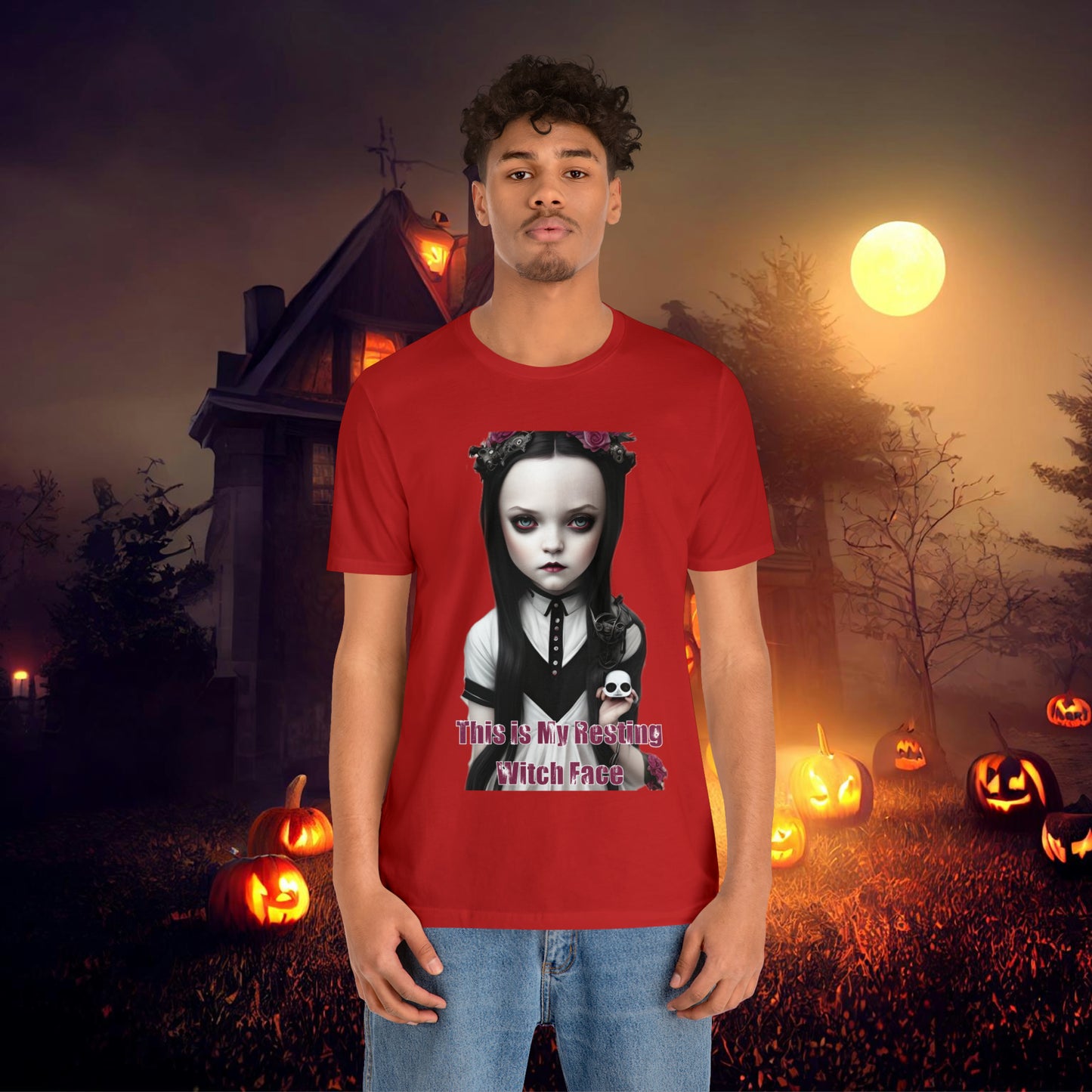 Wednesday Addams Chibi by Charlie Bowater This Is my Resting Witch Face Halloween Unisex Jersey Short Sleeve Tee