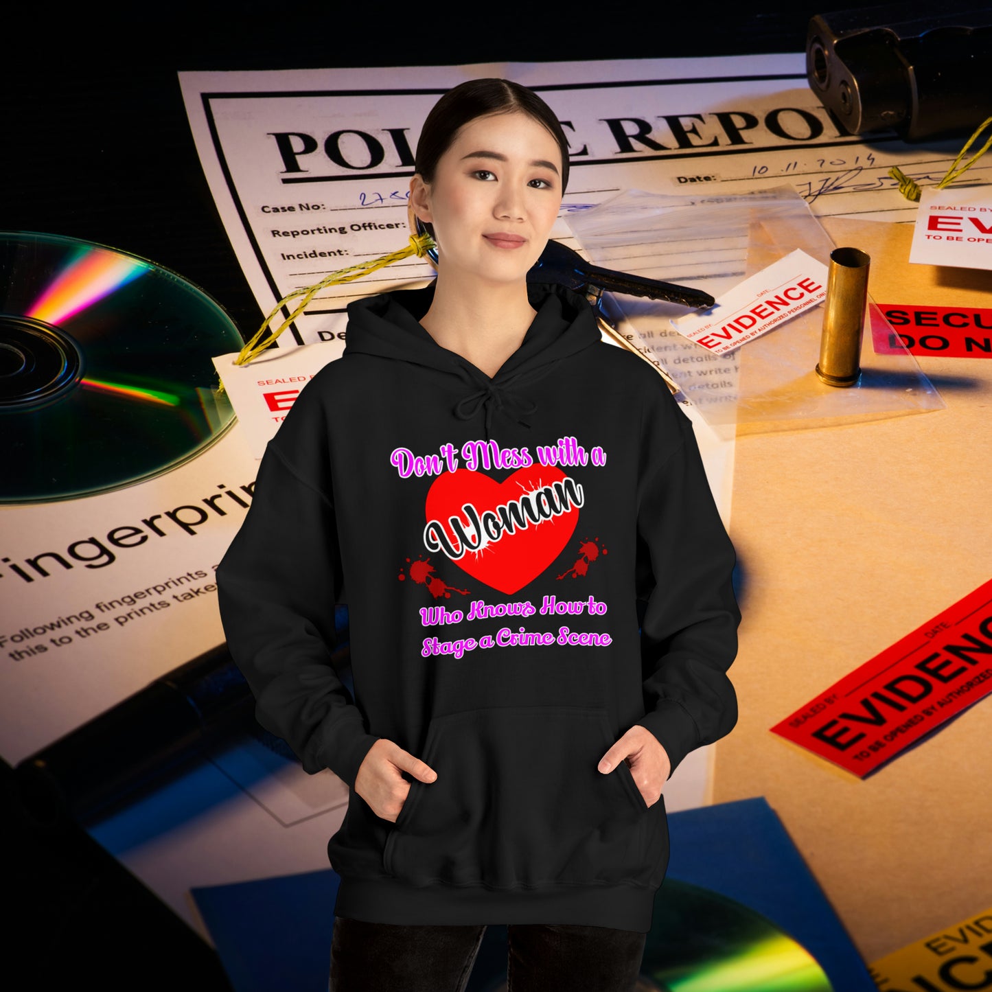 Don't Mess With a Woman who knows how to stage a Crime Scene Unisex Heavy Blend™ Hooded Sweatshirt Gifts for Him Gifts for her