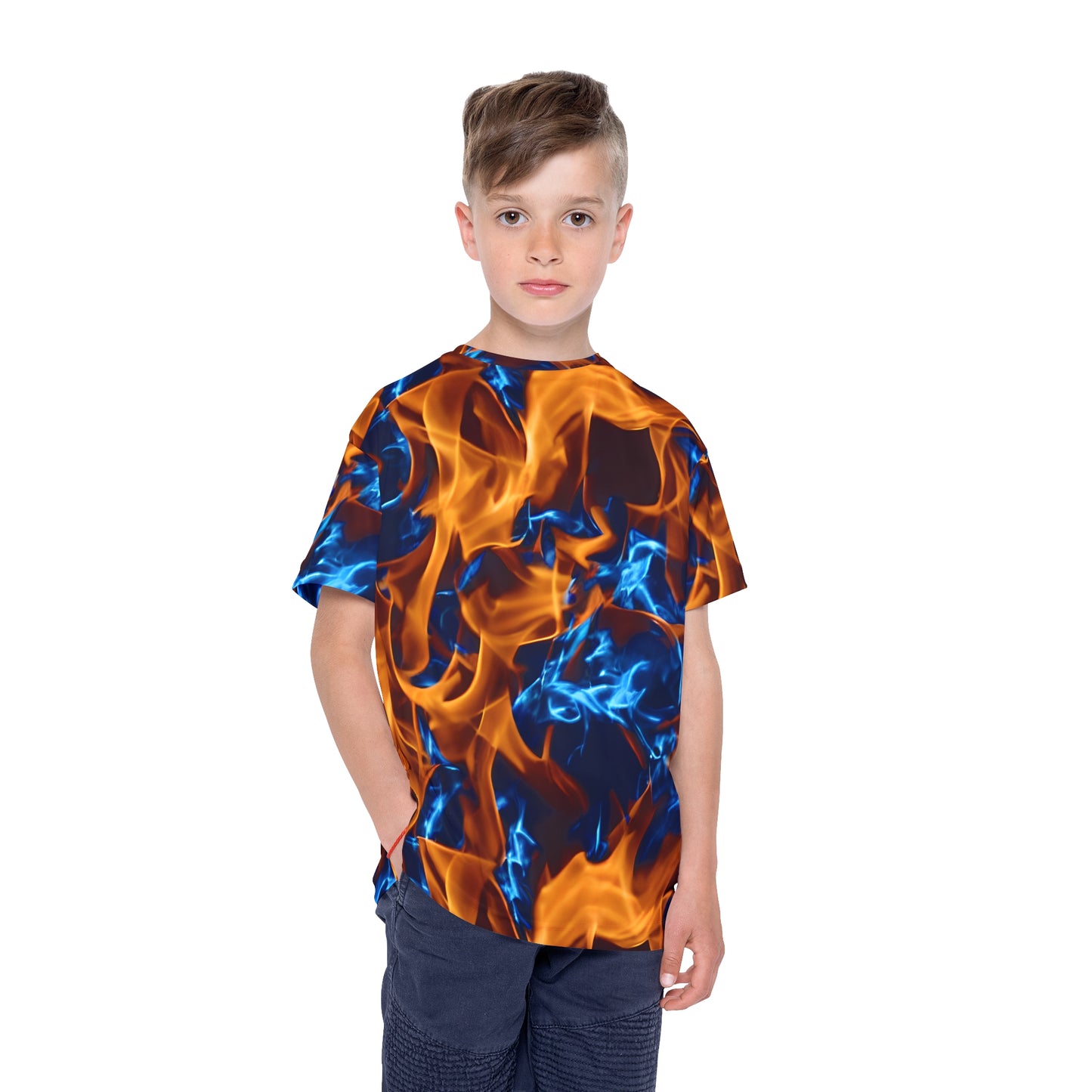 Blaze a Trail: All Over Print Kid Sport Jersey with Blue and Orange Flames