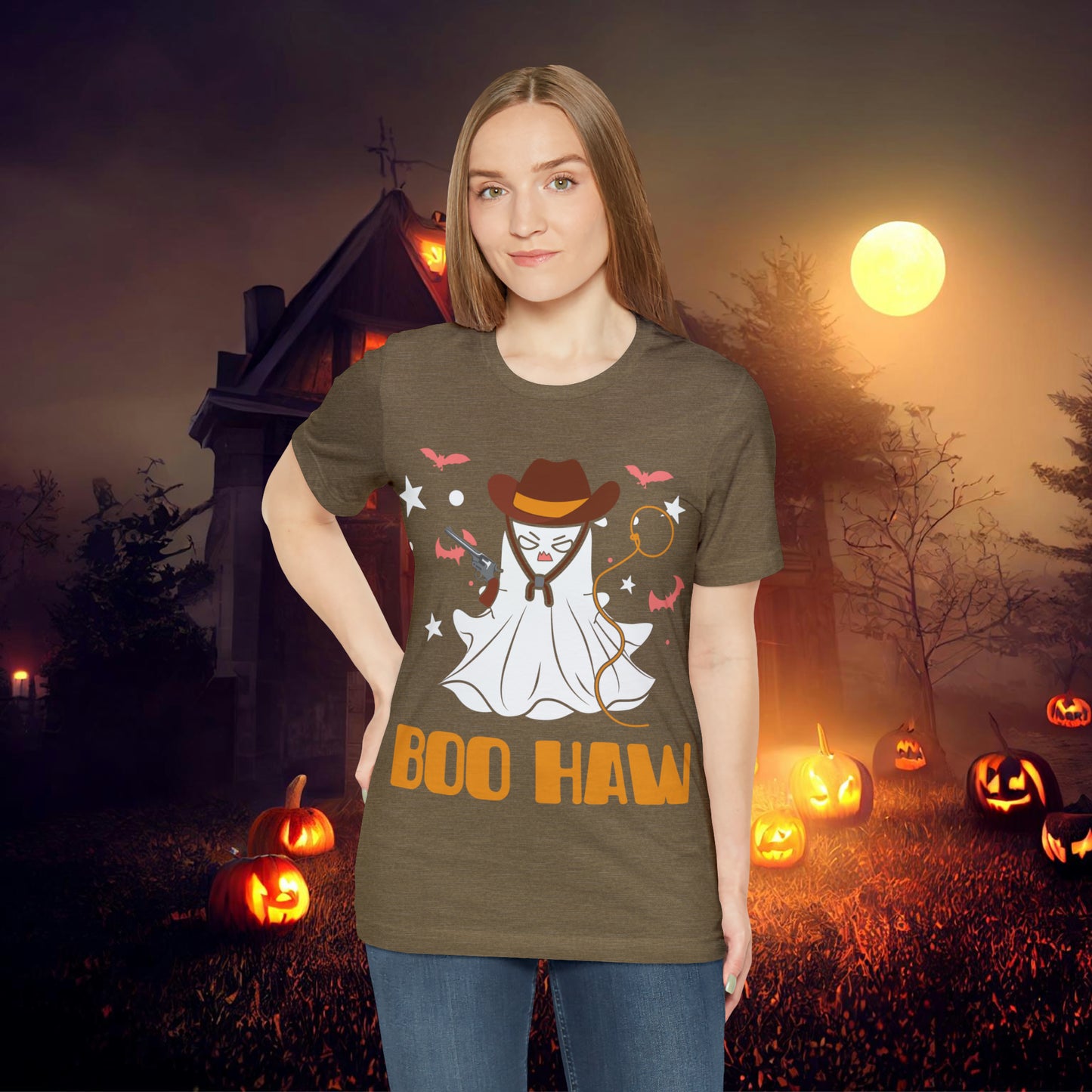 Ghost Cowboy Gunslinger saying Boo Haw Retro Western Halloween Unisex Jersey Short Sleeve Tee Gifts for Her Gifts for Him