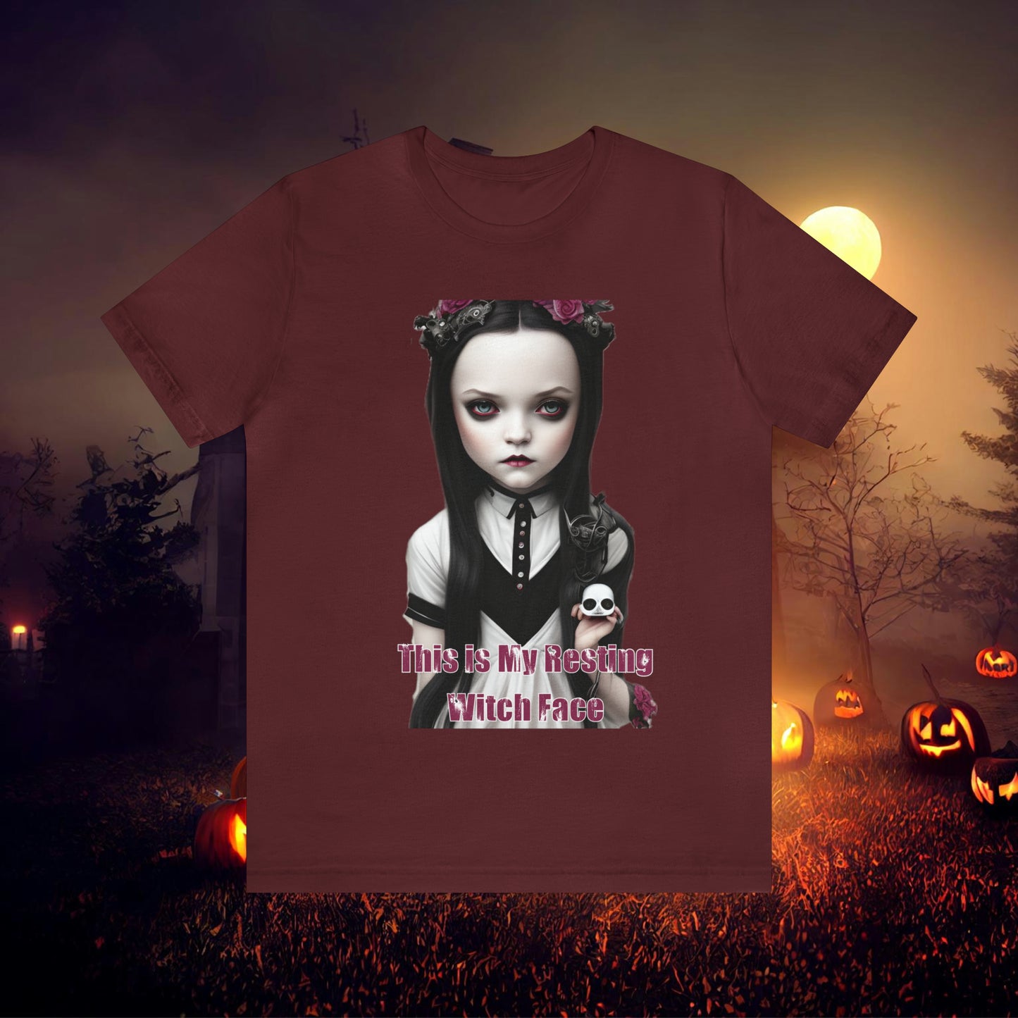 Wednesday Addams Chibi by Charlie Bowater This Is my Resting Witch Face Halloween Unisex Jersey Short Sleeve Tee