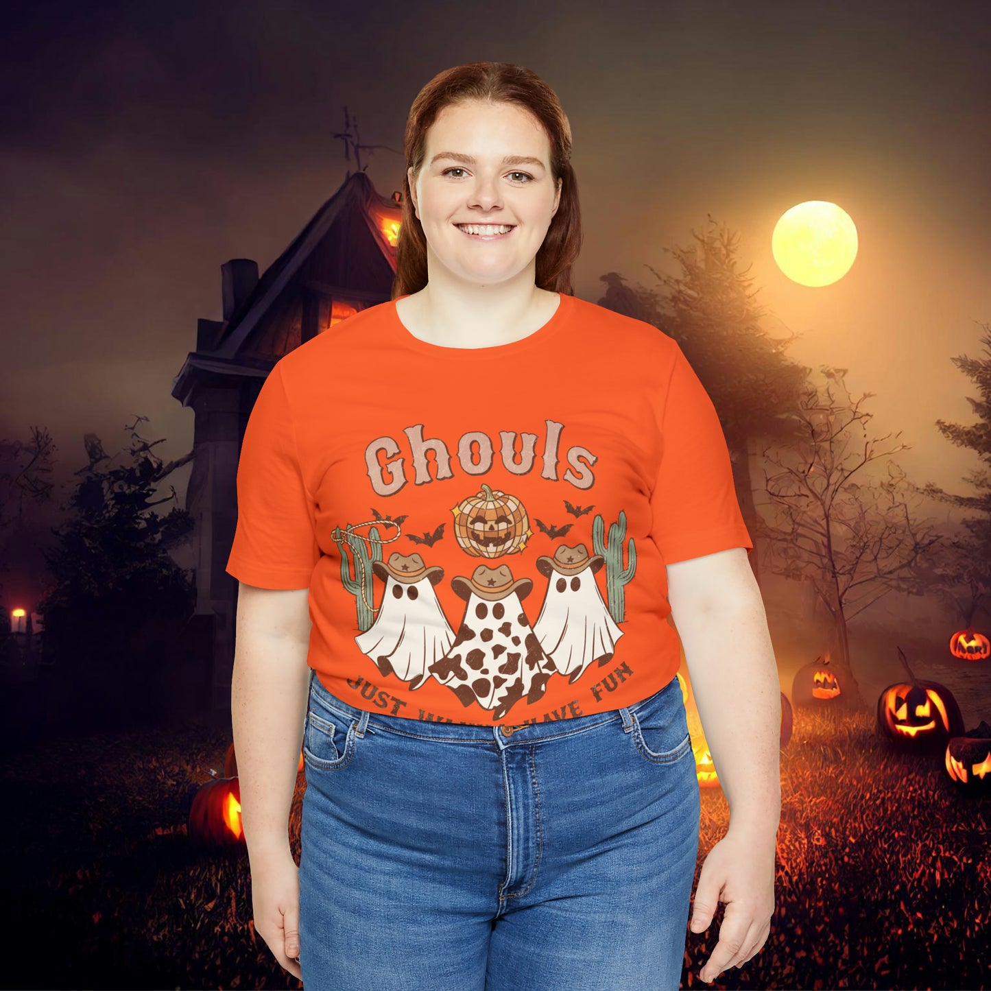 Ghouls Just wanna have fun Cowgirl Ghosts Retro Halloween Unisex Jersey Short Sleeve Tee Gifts for her