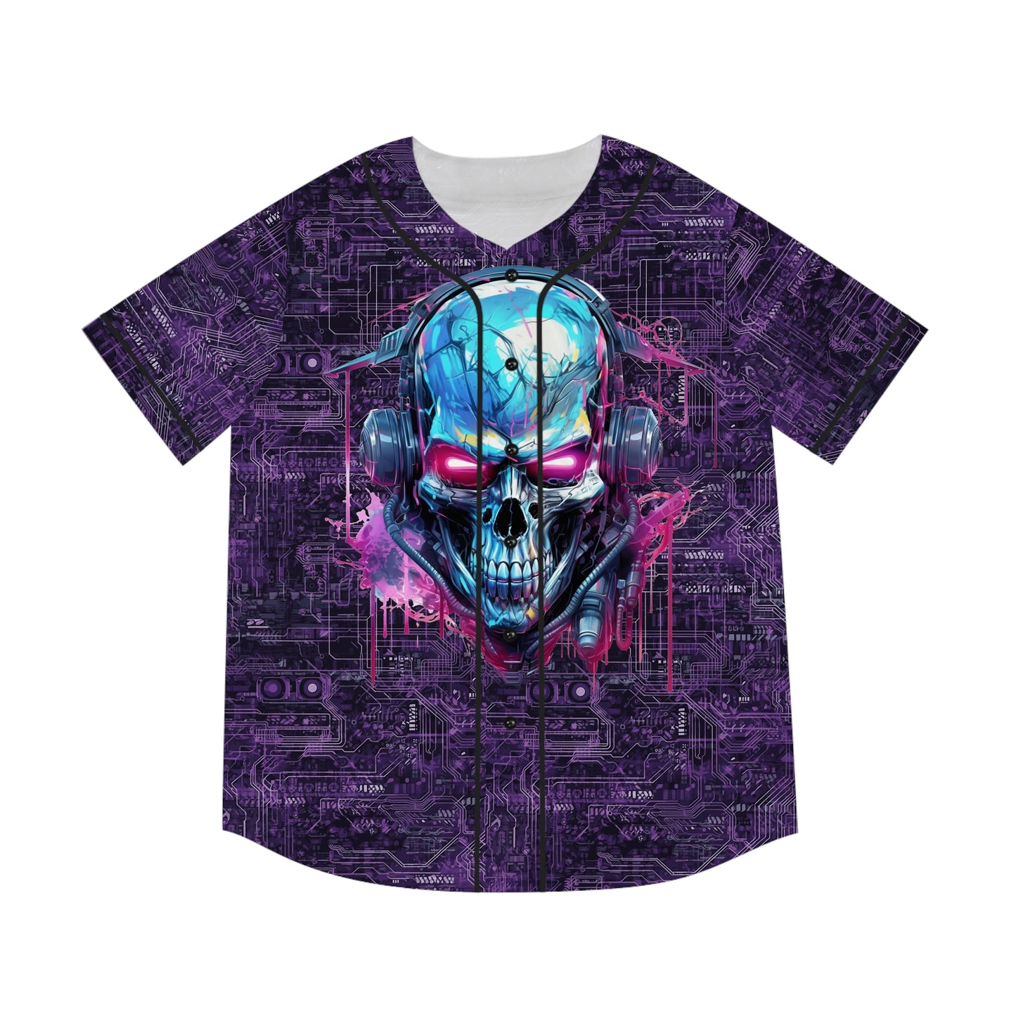 CyberPunk Cybernetic Skull breaking through a Purple Neon Circuit Board Men's Baseball Jersey (AOP)