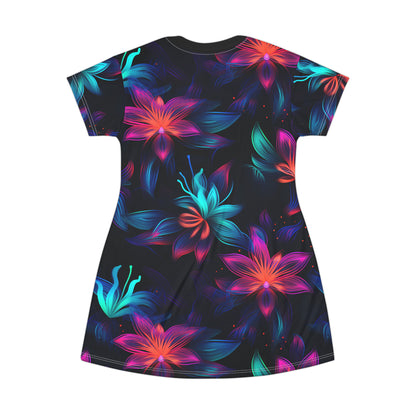 Neon Bloom Delight: All Over Print T-Shirt Dress