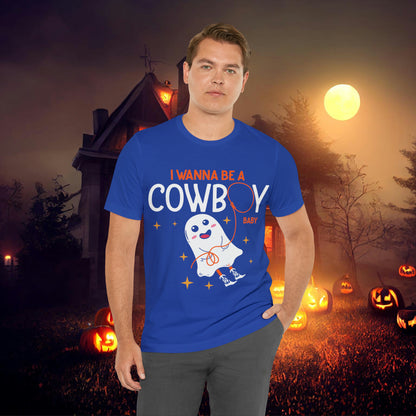 Little Ghost Saying I wanna be a cowboy baby Retro Groovy Western Halloween Unisex Jersey Short Sleeve Tee Gifts for Him Gifts for her.