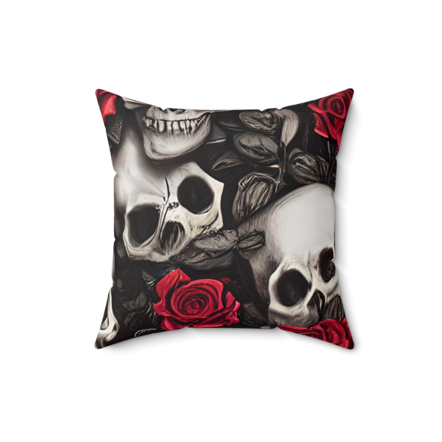 Hyper Realistic Skulls and Red Roses by artist Anne-Laure Goupil Spun Polyester Square Pillow