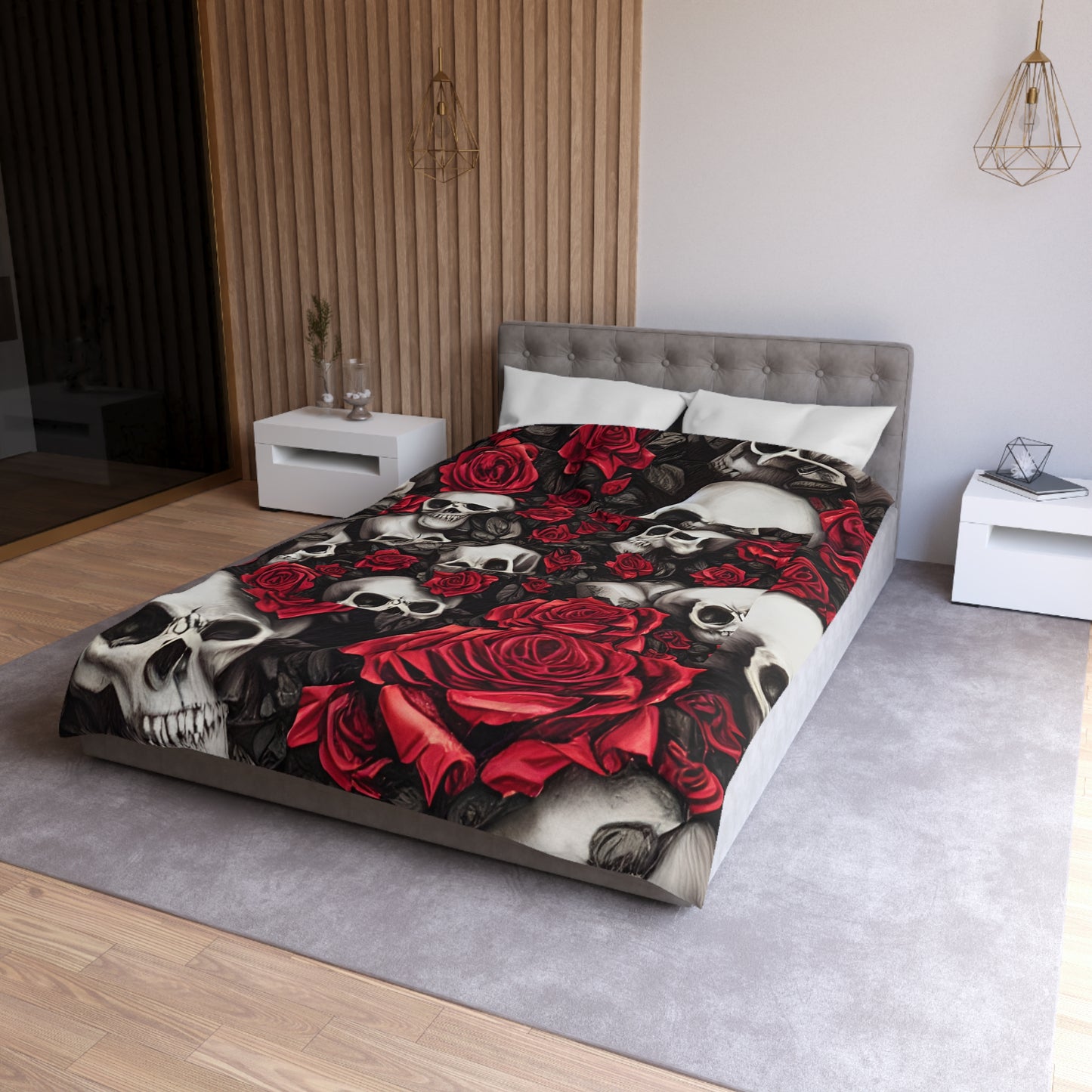 Hyper Realistic Skulls and Red Roses by artist Anne-Laure Goupil Microfiber Duvet Cover