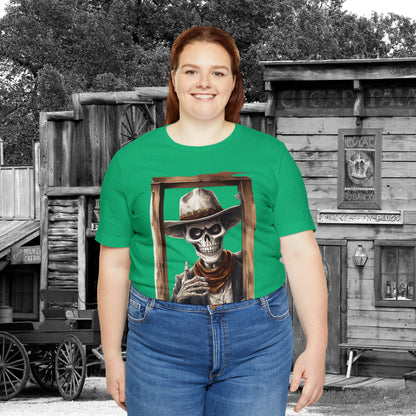 Spooky Saloon Showdown Gunslinging Skeleton Cowboy Halloween Unisex Jersey Short Sleeve Tee