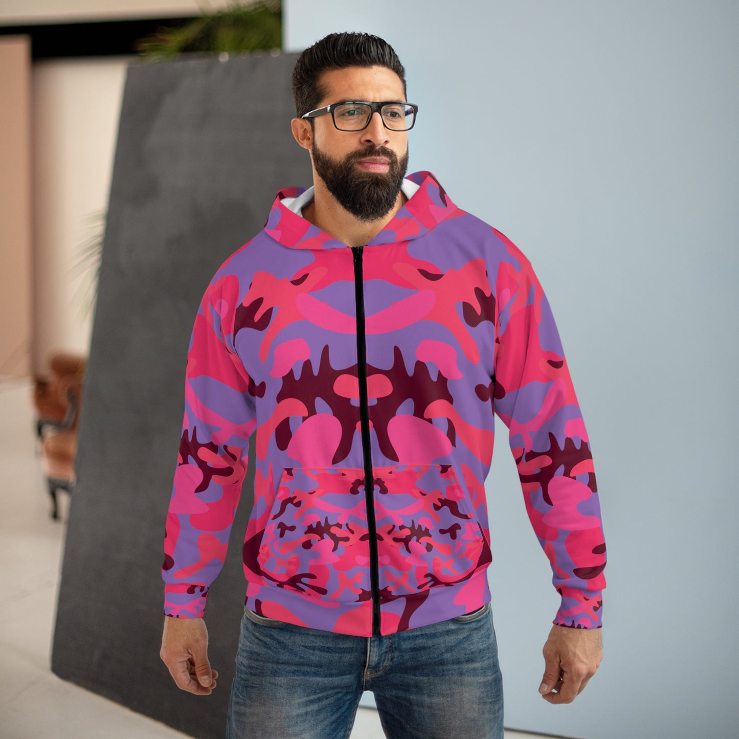 Colorful Pink Camo Unisex Zip Hoodie (AOP)