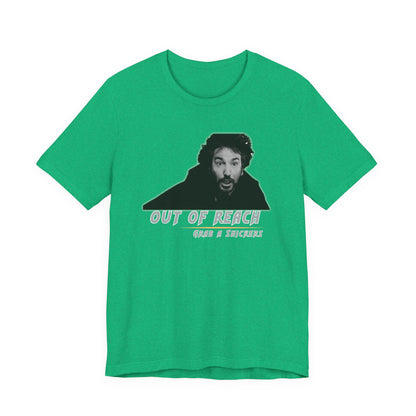 Inspired Parody Die Hard Hans Gruber Tee: Out of Reach, Grab a Snickers! Unisex Jersey Short Sleeve Tee