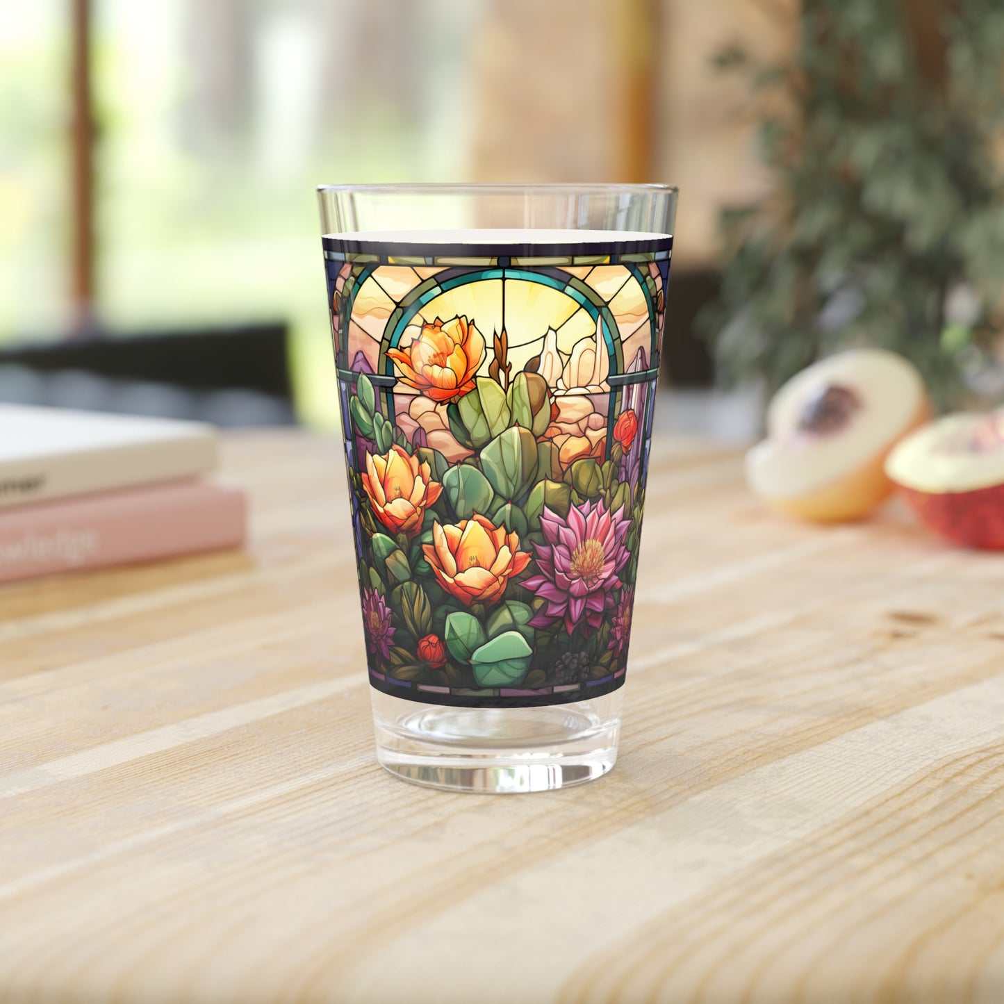 Desert Bloom: A Stained Glass Tribute to Cacti 16oz Pint Glass Gift idea gifts for home decor housewarming gift