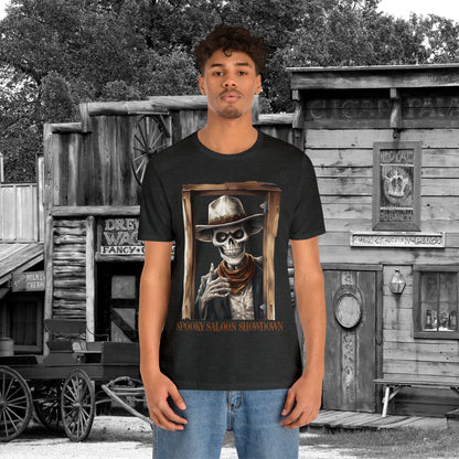 Spooky Saloon Showdown Gunslinging Skeleton Cowboy Halloween Unisex Jersey Short Sleeve Tee