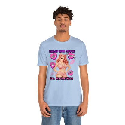 Sarcastic Elegance: Vintage Pink Pinup Girl "Sugar and Spice" on a Bella+Canva 3001 Unisex Jersey T-Shirt - A Must-Have Gift for her