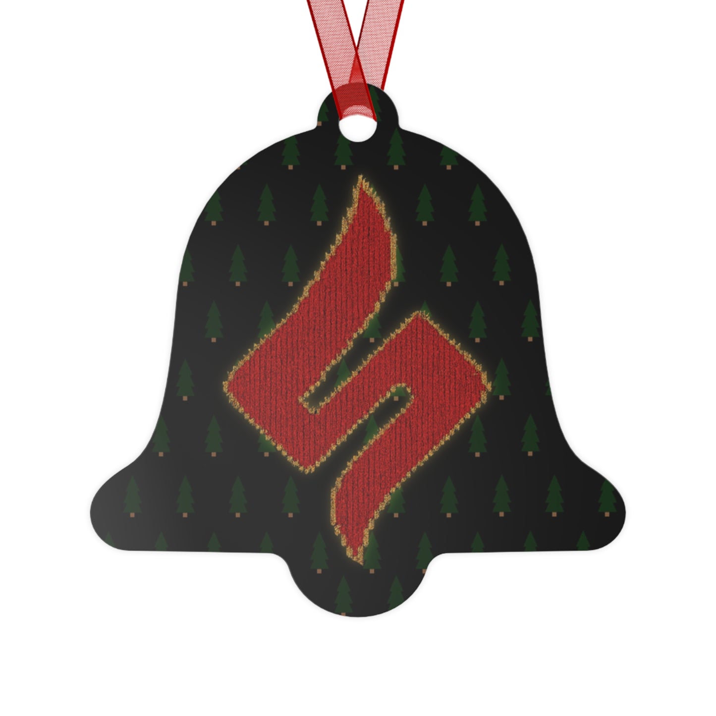 Sessmas Bell of Truth Approved by Shuli, Denied by Hack Comics Metal Ornament — Festive Shadow Figure & Red Emblem Holiday Bell Ornament