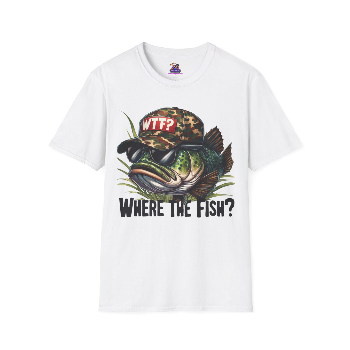 WTF Where's the Fish? Unisex Softstyle T-Shirt Fishing humor, Fisherman Gift Pun T-Shirt Funny Fish Tee Fishy Vibes Unique Unisex Tee