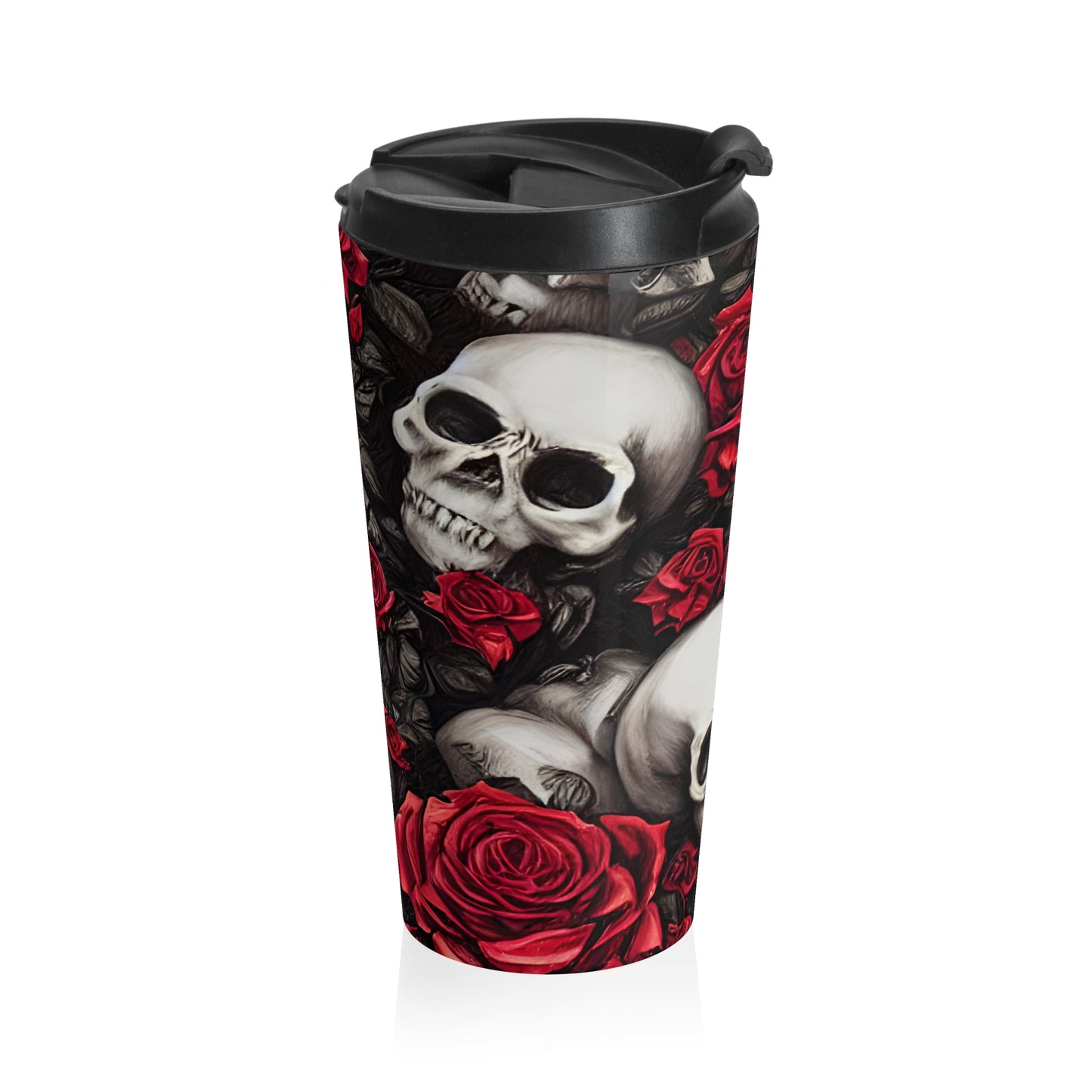 Hyper Realistic Skulls and Red Roses by artist Anne-Laure Goupil Stainless Steel Travel Mug