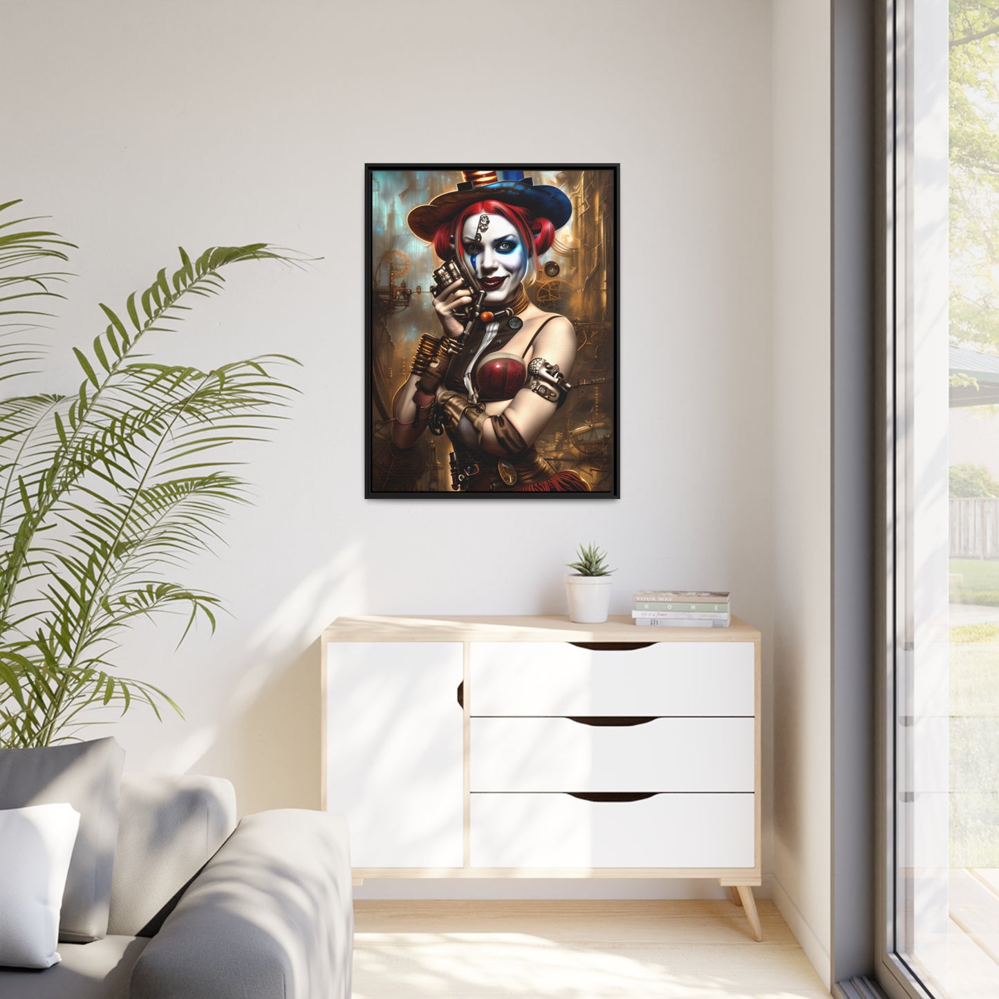 Hyper Realistic Steampunk Harley Quinn Matte Canvas, Black Frame