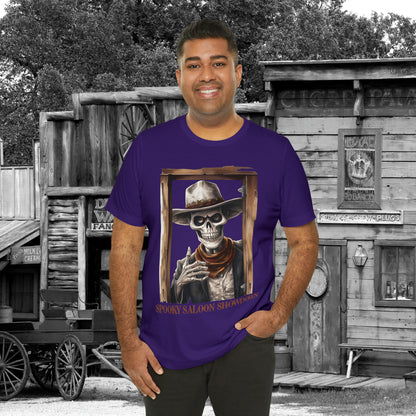 Spooky Saloon Showdown Gunslinging Skeleton Cowboy Halloween Unisex Jersey Short Sleeve Tee