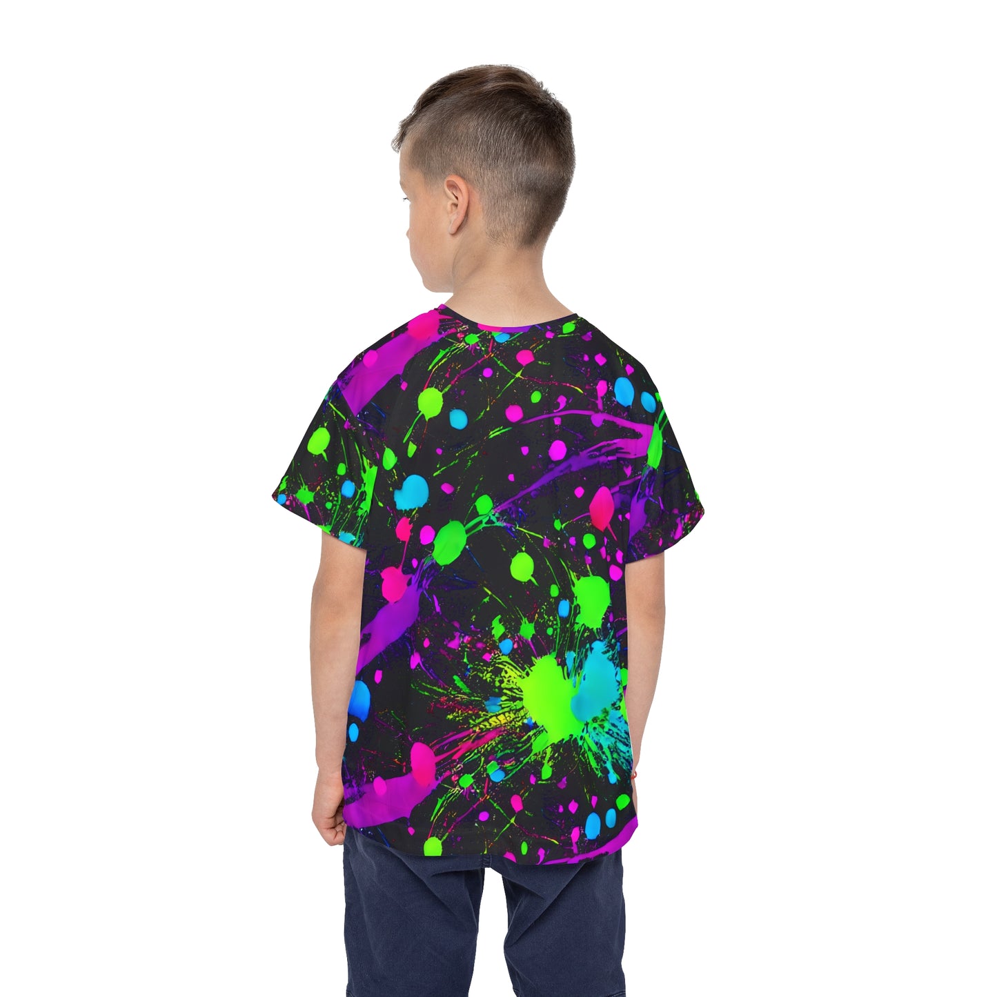 Expressive Play: All Over Print Kid Sport Jersey with Green and Pink Paint Splats