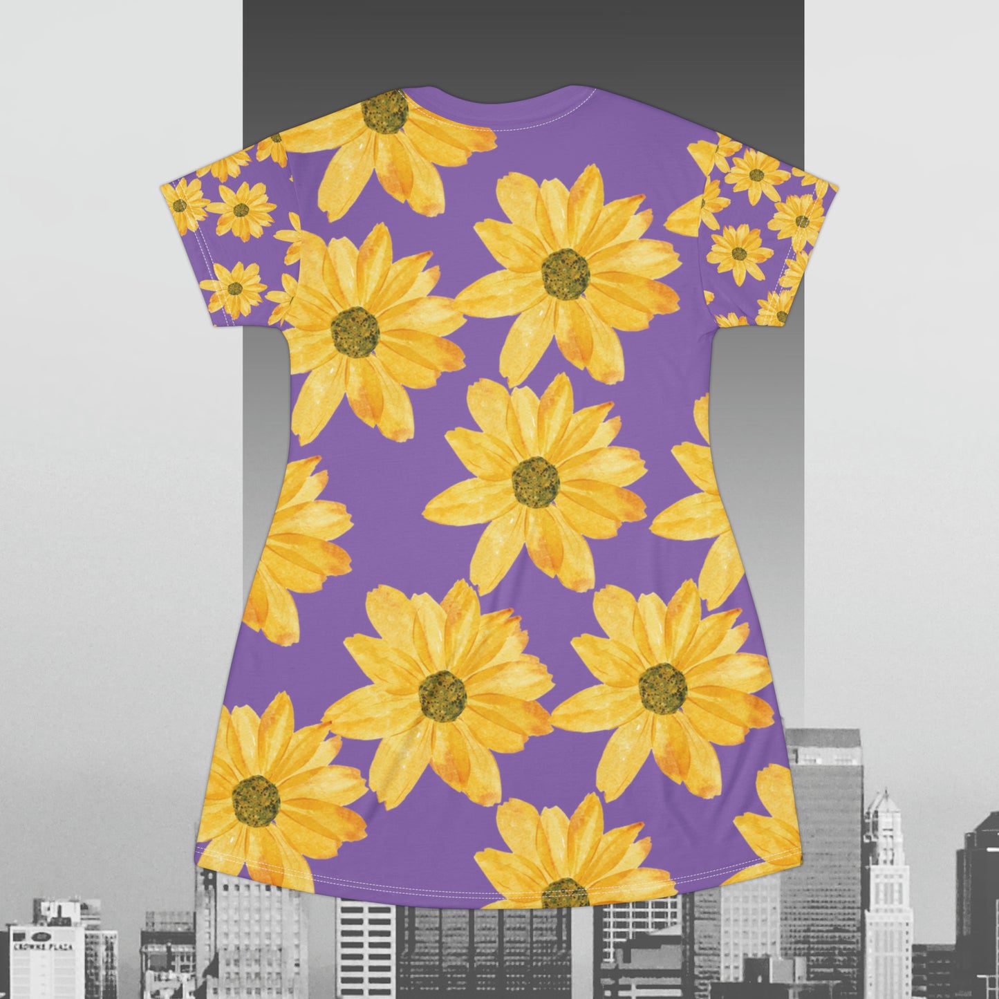 Yellow Flowers on Purple T-Shirt Dress (AOP)