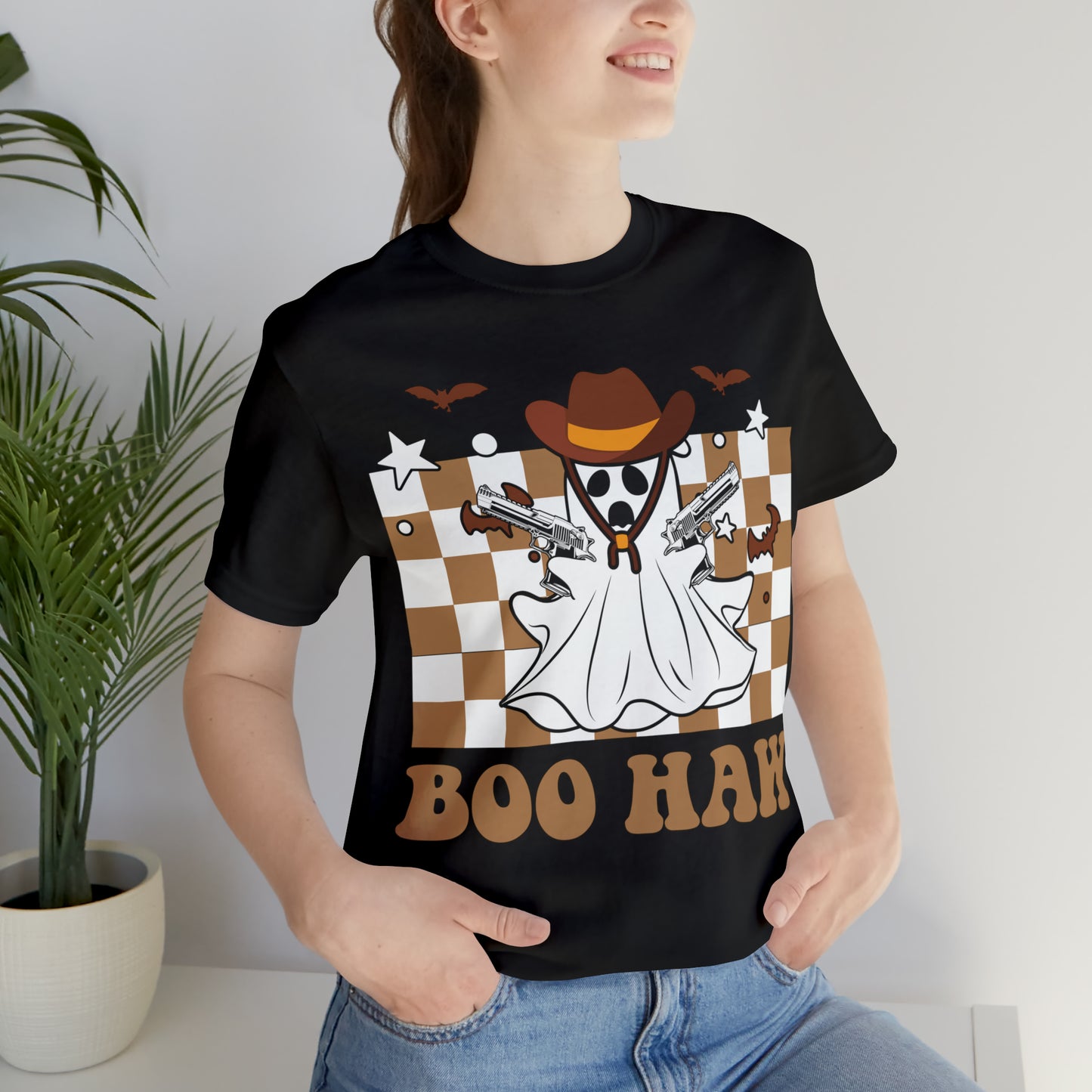 Cowboy Gunslinging Ghost saying Boo Haw Retro Western Halloween Unisex Jersey Short Sleeve Tee Gifts for Him Gifts for Her