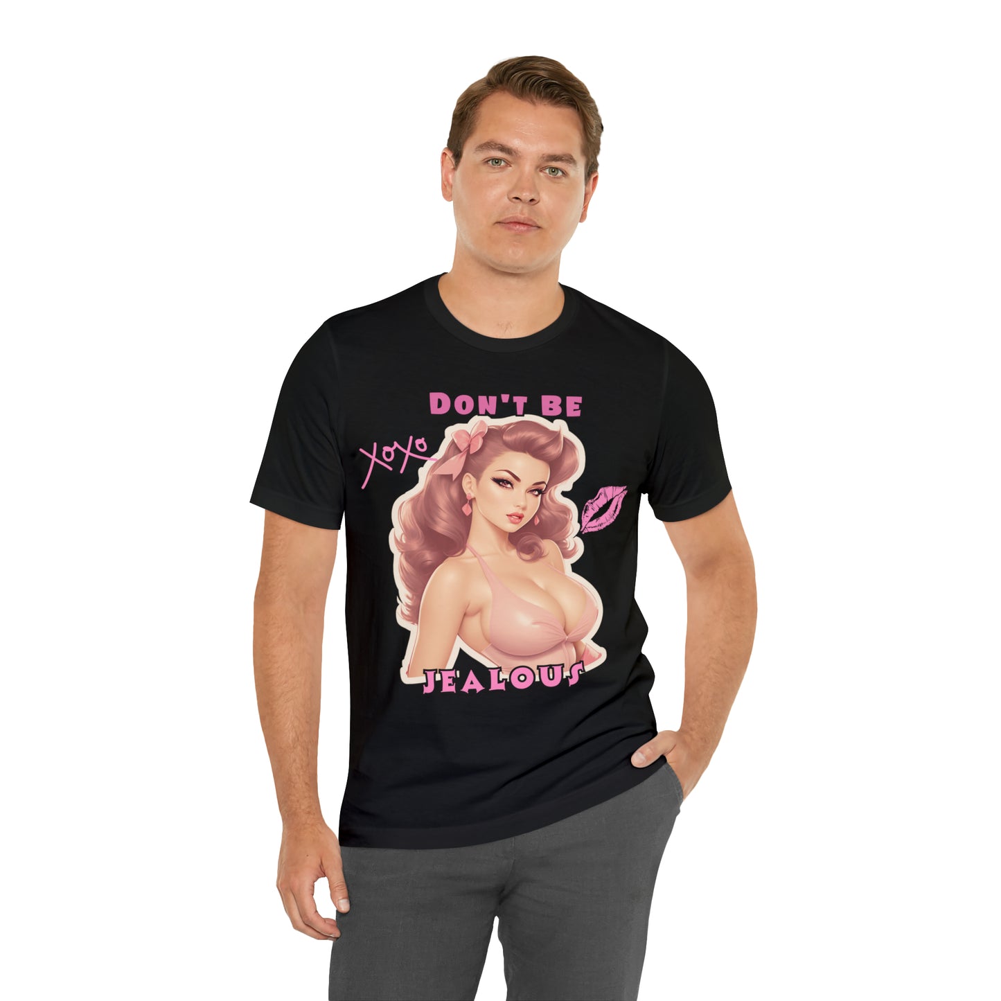 Timeless Elegance: Vintage Pink Pinup Girl "Don't Be Jealous" on a Bella+Canva 3001 Unisex Jersey T-Shirt - A Must-Have Gift for her