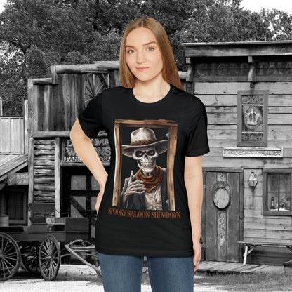 Spooky Saloon Showdown Gunslinging Skeleton Cowboy Halloween Unisex Jersey Short Sleeve Tee