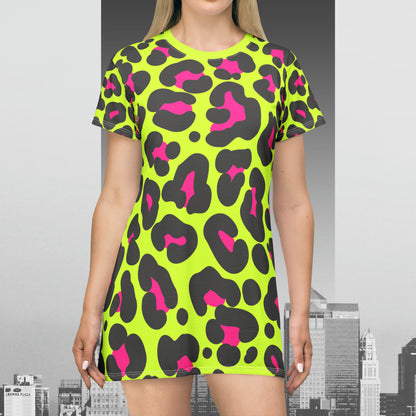 Neon Pink Leopard print on Bright Yellow T-Shirt Dress (AOP)
