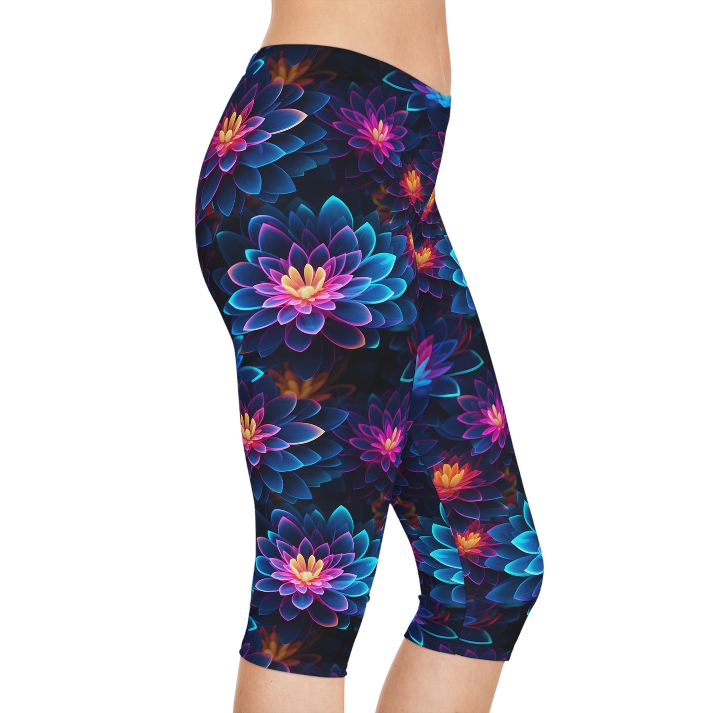 Women's Capri Leggings with Neon Flower Pattern - Vibrant AOP Fitness & Yoga Leggings