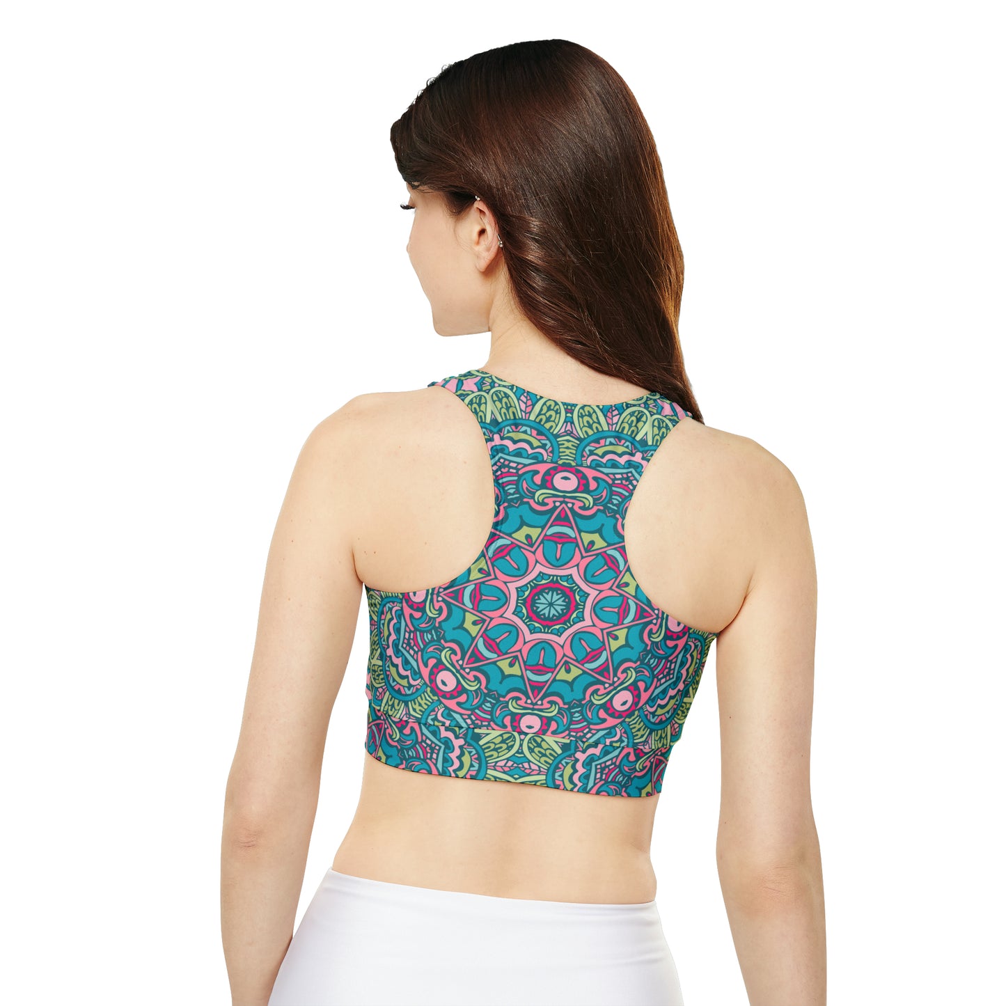 Fully Lined, Padded Sports Bra - Green and Blue Boho Vibes for Stylish Support